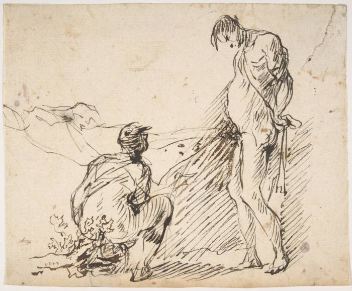 'A Crouching Man Defecating and a Standing Man Urinating', pen and brown ink, Italy, 1612-1675, from https://archive.org/details/mma_a_crouching_man_defecating_and_a_standing_man_urinating_338850