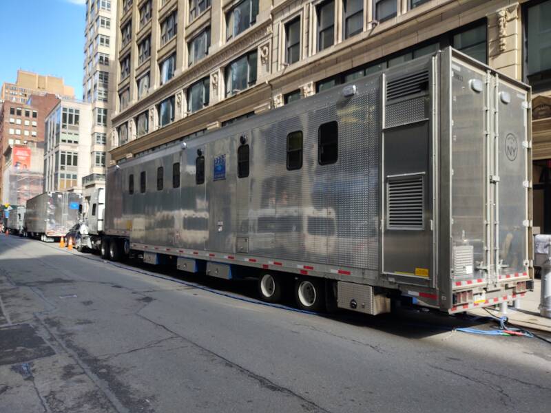 Film crew toilets on West 25th Street between Fifth and Sixth Avenues.