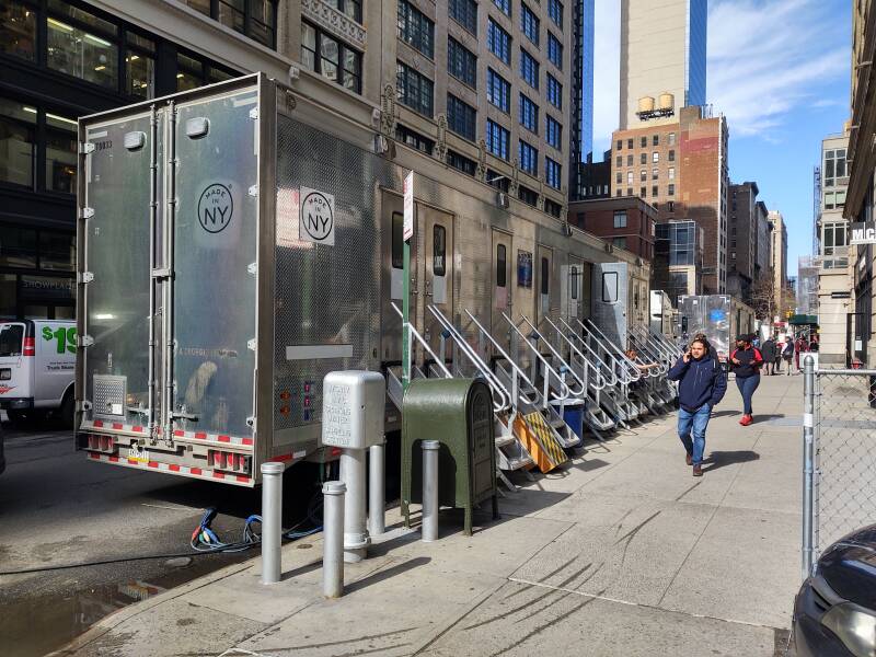 Film crew toilets on West 25th Street between Fifth and Sixth Avenues.