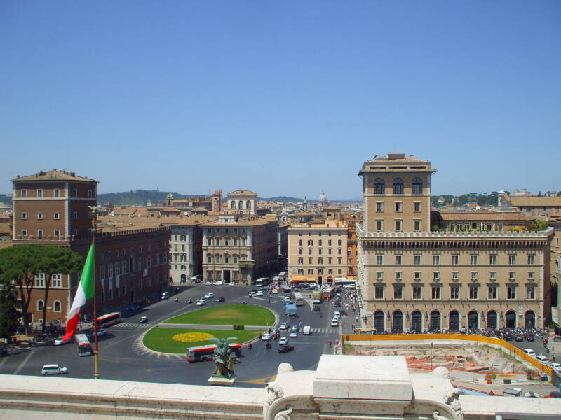 View from Monumento a Vittorio Emmanuelle II, also known as 'Mussolini's Typewriter', to the square overlooked by Mussolini's apartment and balcony.