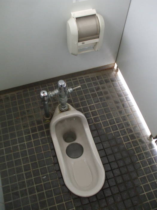 Pipe pressure flushing squat toilet at Tōshōdai-ji Buddhist temple in Nara.