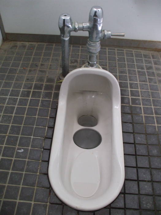 Pipe pressure flushing squat toilet at Tōshōdai-ji Buddhist temple in Nara.