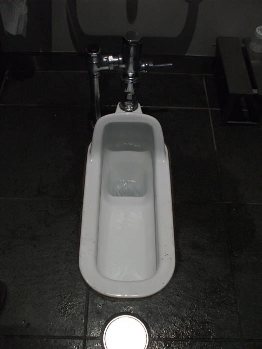 Squat toilet with handrails at Tobu Railroad Station in Nikko.