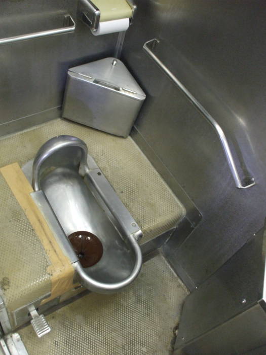 Japanese stainless steel squat train toilet on board the Tobu Railway from Nikko to Minami-Kurihashi.