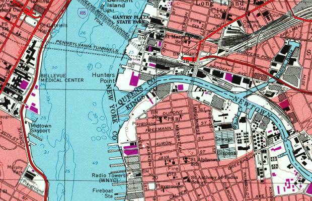 Map showing the Newtown Creek Waste Water Treatment Plant, Brooklyn, Queens, Manhattan, and the East River.