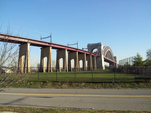 Hell Gate railway bridge crossing from Randall and Wards Island to Queens.