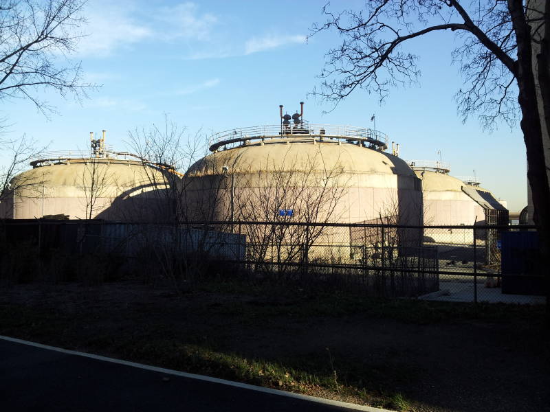 Anaerobic digestion tanks for sludge treatment at New York City's Wards Island Wastewater Treatment Plant.