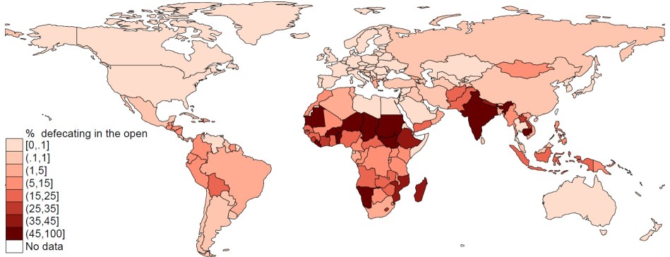 Map showing percentage of people defecating in the open, from r.i.c.e. web site at http://riceinstitute.org/blog/new-maps-which-country-has-the-most-open-defecation-in-the-world/