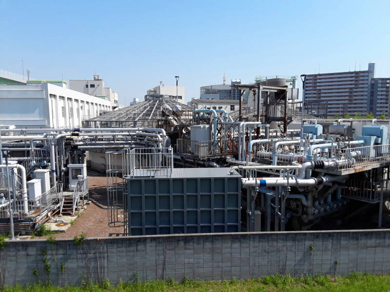 Covered digester tanks at Ebie Sewage Treatment Plant in Osaka.