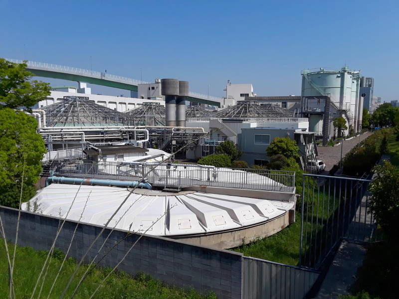 Covered digester tanks at Ebie Sewage Treatment Plant in Osaka.