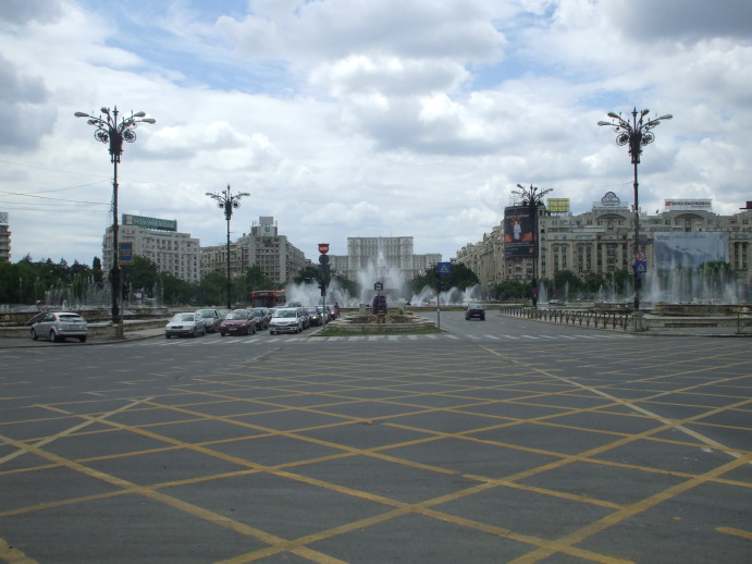 Fountains in Piaţa Unirii and the Palace of the People in Bucharest, Romania.