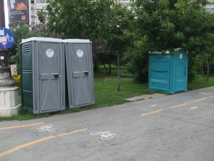 Portable toilets Piaţa Unirii in Bucharest, Romania.