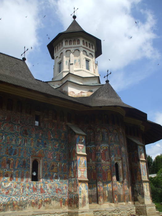 Painted church of Moldoviţa Monastery, just outside the small town of Vatra Moldoviţei, Romania.