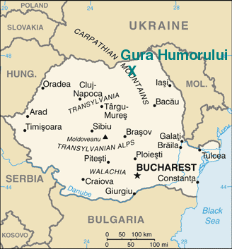 Map of Romania showing Gura Humorului in the Bucovina region along the Ukrainian border.