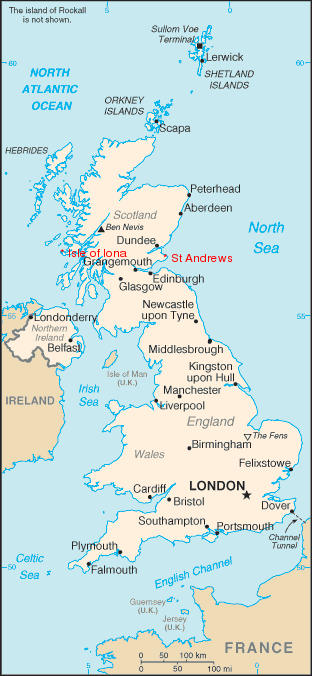 US Government map annotated with locations of the Isle of Iona and St Andrews.