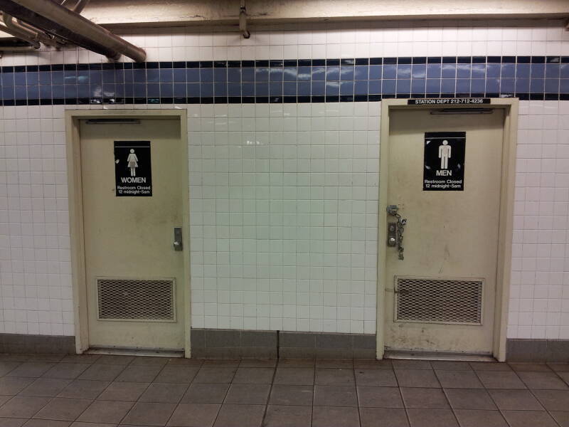 Entrances to the public toilets in the Delancey Street — Essex Street station of the New York City MTA subway system in Manhattan.