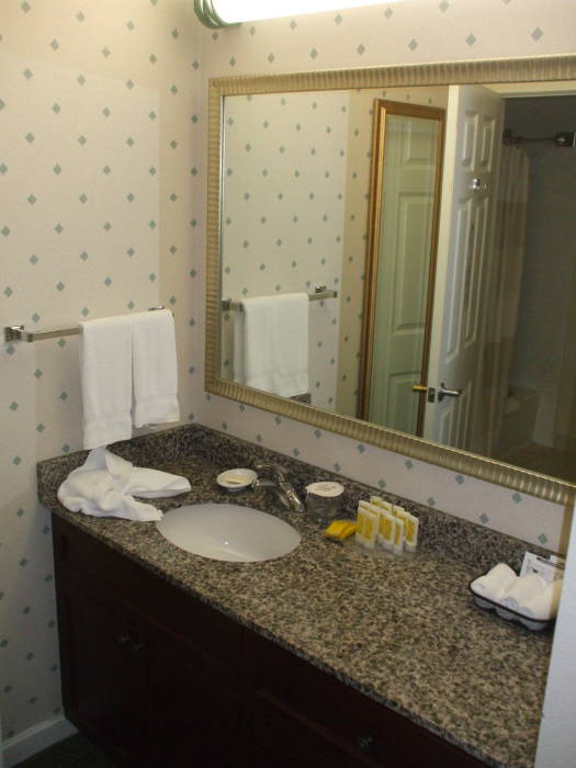 Hotel sink and vanity counter.