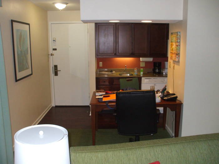 Hotel suite: dining area and kitchen.