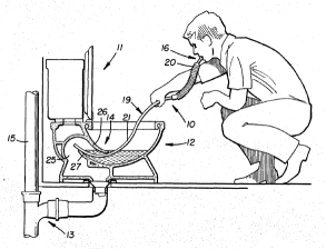 Cross-section drawing of a toilet snorkel being used by a man.  Breathing the fumes from the sewer pipe.