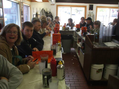 Eating at the Triple XXX diner in West Lafayette, Indiana. On the hill but on the level.