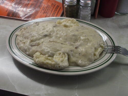 Full order of biscuits and gravy at the Triple XXX diner in West Lafayette, Indiana.  On the hill but on the level.