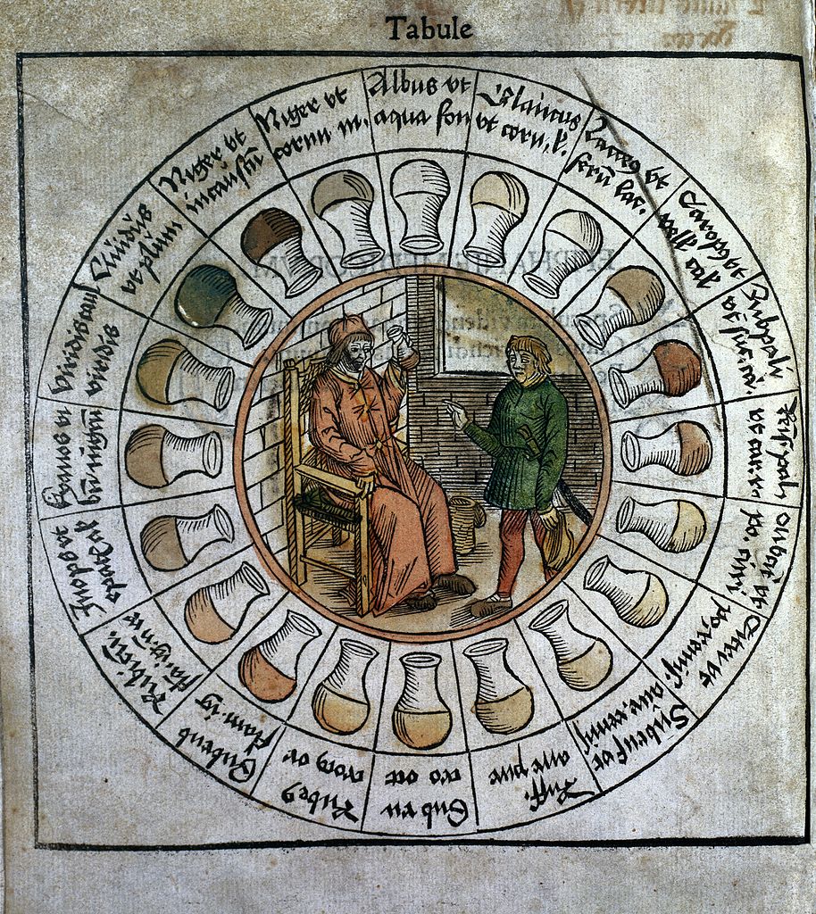 Ring of urine flasks and colors, from https://commons.wikimedia.org/wiki/File:Epiphaniae_medicorum,_uroscopy_and_ring_of_flasks._Wellcome_M0007286.jpg