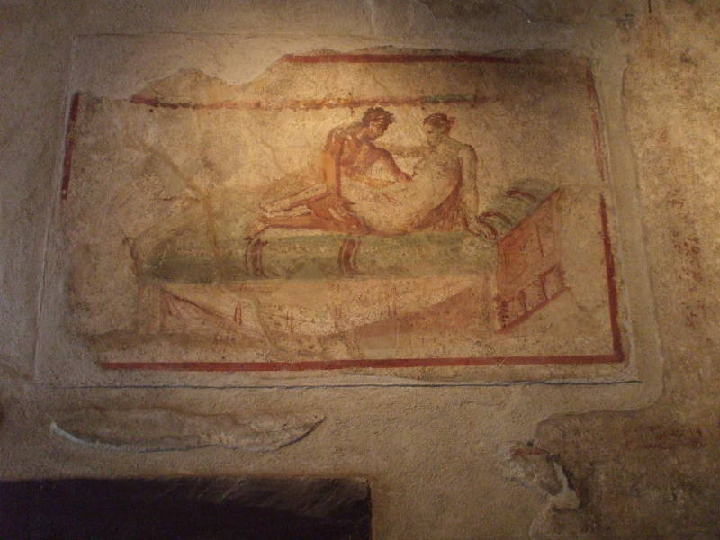 Erotic fresco in the Lupanaro, a Roman brothel at Pompeii.
