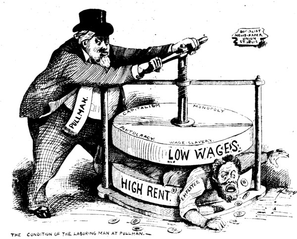 Editorial cartoon 'The Condition of the Laboring Man at Pullman' from the Chicago Labor newspaper, 7 July 1894, from https://commons.wikimedia.org/wiki/File:The_Condition_of_Laboring_Man_at_Pullman_1894.jpg