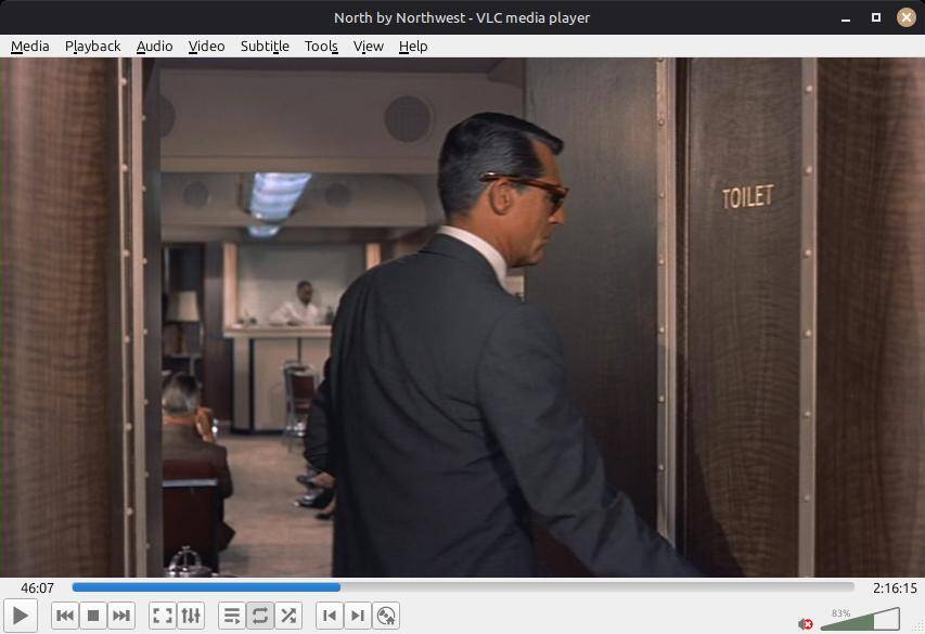 Cary Grant's character Roger Thornhill leaves the toilet at 0:46:07 into 'North By Northwest'.