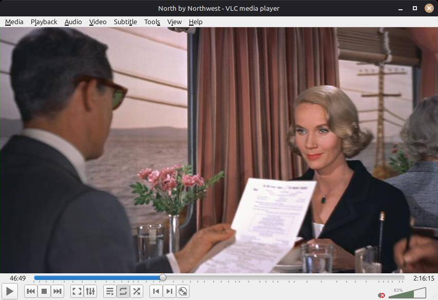 Roger Thornhill and Eva Saint James' character Eve Kendall meet in the dining car at 0:46:49 into 'North By Northwest'.