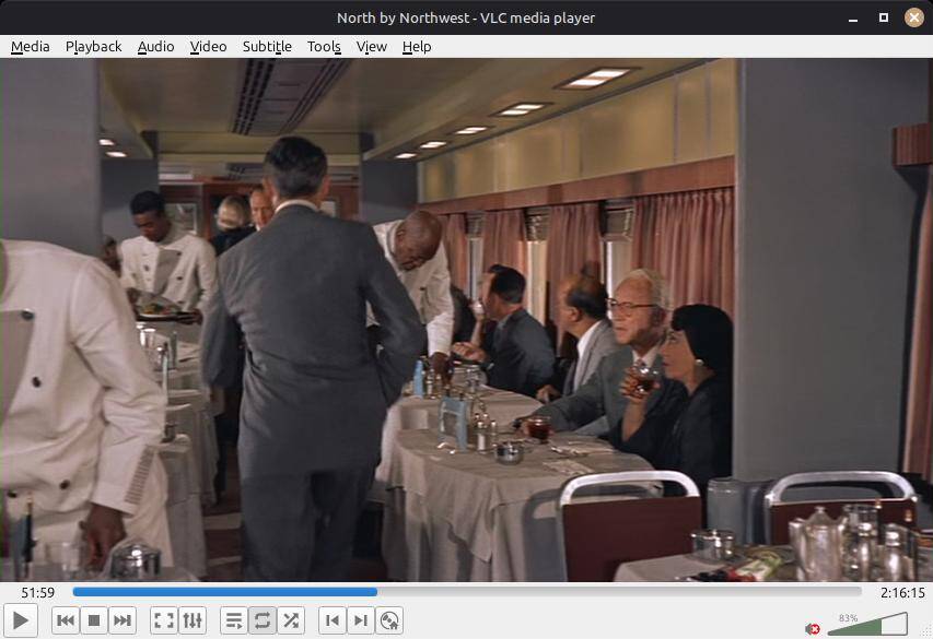 Roger Thornhill hurries from the dining car toward Eve Kendall's private sleeper compartment at 0:51:59 into 'North By Northwest'.
