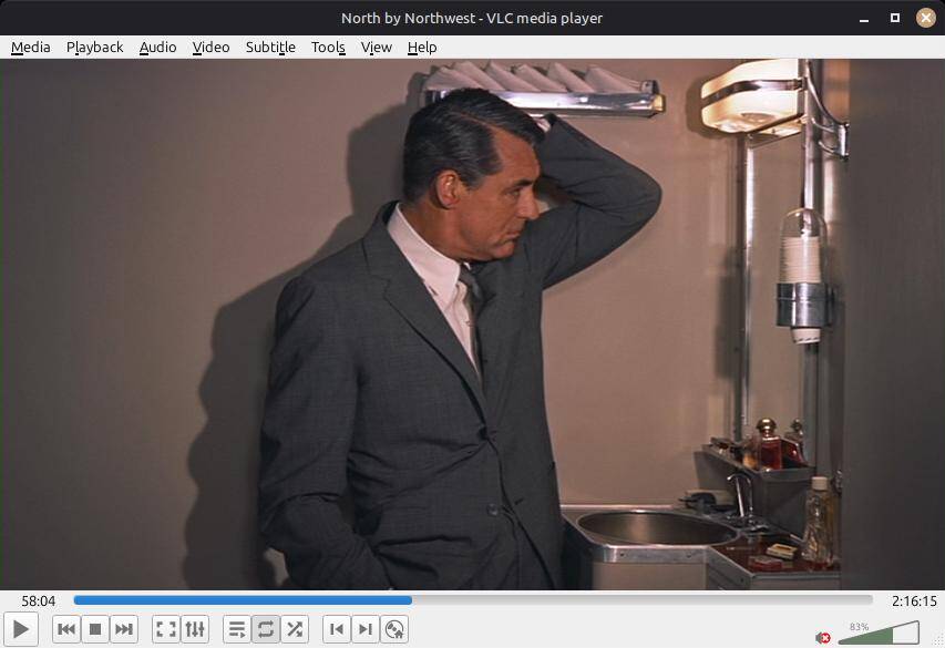 Roger Thornhill hides in the bathroom of Eve Kendall's compartment at 0:58:04 into 'North By Northwest'.