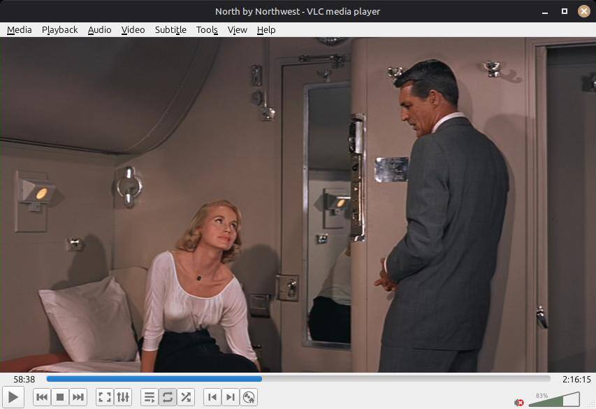 Roger Thornhill and Eve Kendall in her private sleeper compartment at 0:58:38 into 'North By Northwest'.