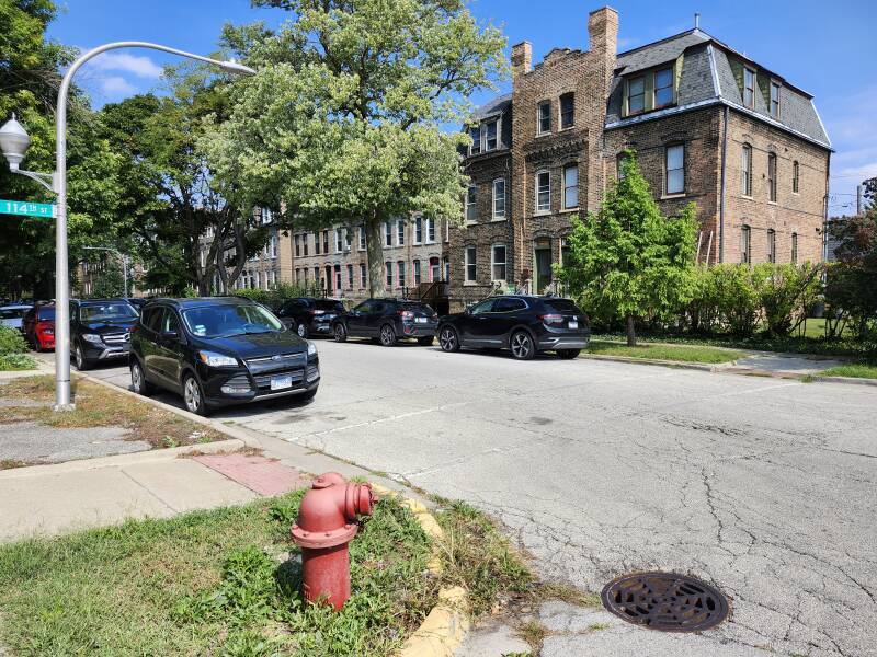 Fire hydrant, storm drain, and multi-unit apartment buildings in Pullman.