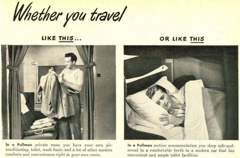 Pullman ad from 1947, cropped to highlight toilets and washbasins.