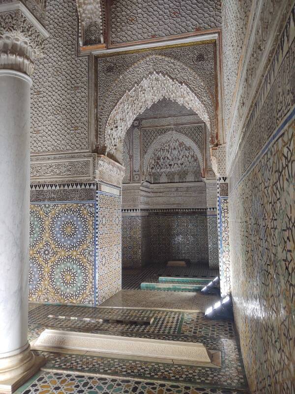 View from Hall of Twelve Columns into the Hall of Three Niches in the Western Sanctuary in the Saadian Tombs complex.