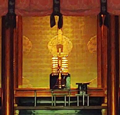 Central altar inside Sanzan Gosai-den, the main temple/shrine at summit of Mount Haguro.