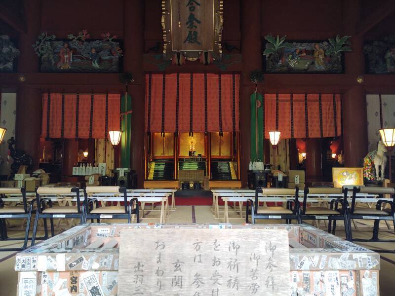Interior of Sanzan Gosai-den, the main temple/shrine at summit of Mount Haguro.