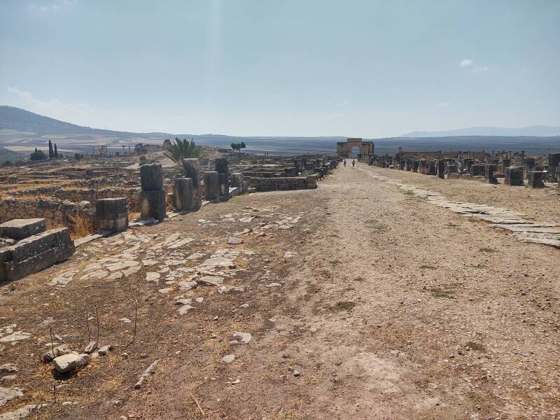 Overview of the site of ancient Volubilis: the triumphal arch visible in the distance at the end of Decumanus Maximus, the city's main street, with open agricultural fields beyond it.